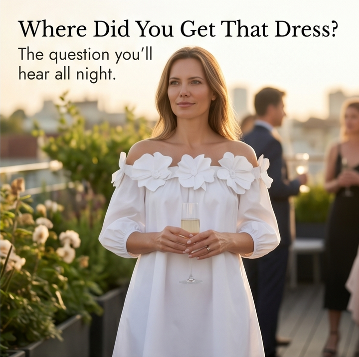 White Off Shoulder Dress with Roses - A-Line Mini Dress