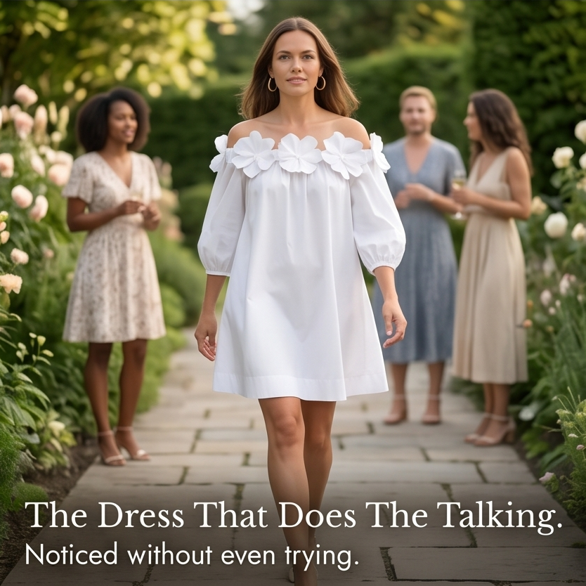 White Off Shoulder Dress with Roses - A-Line Mini Dress