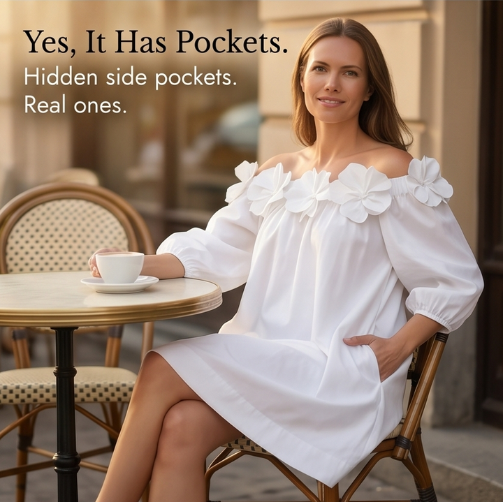 White Off Shoulder Dress with Roses - A-Line Mini Dress