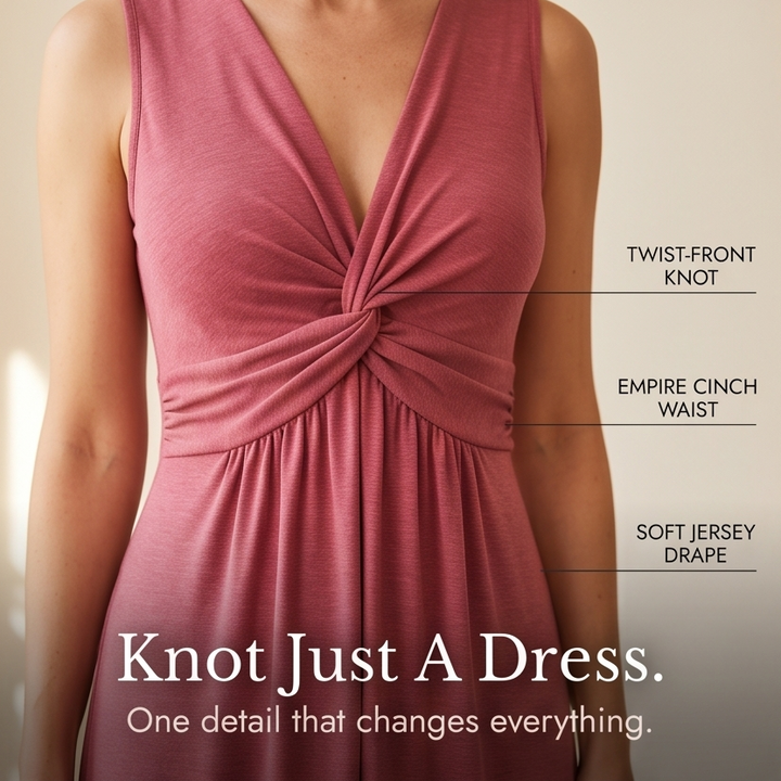 Midi Dress with Twist Front Detail - V-Neck Jersey Dress