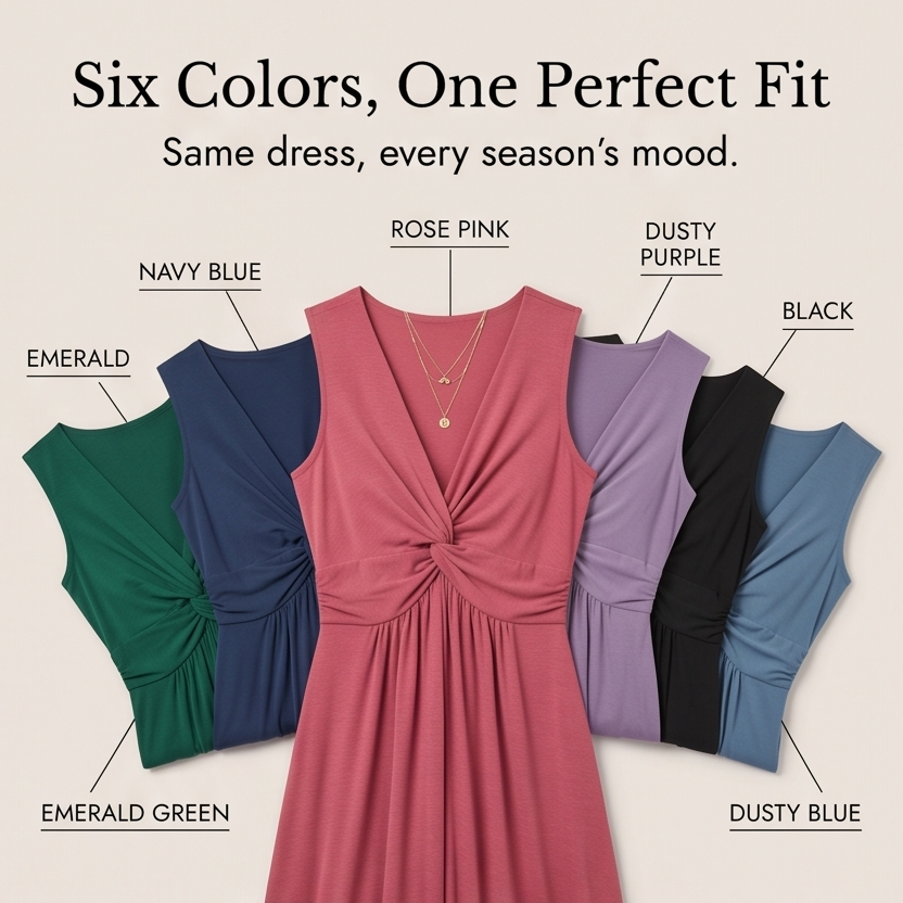 Midi Dress with Twist Front Detail - V-Neck Jersey Dress