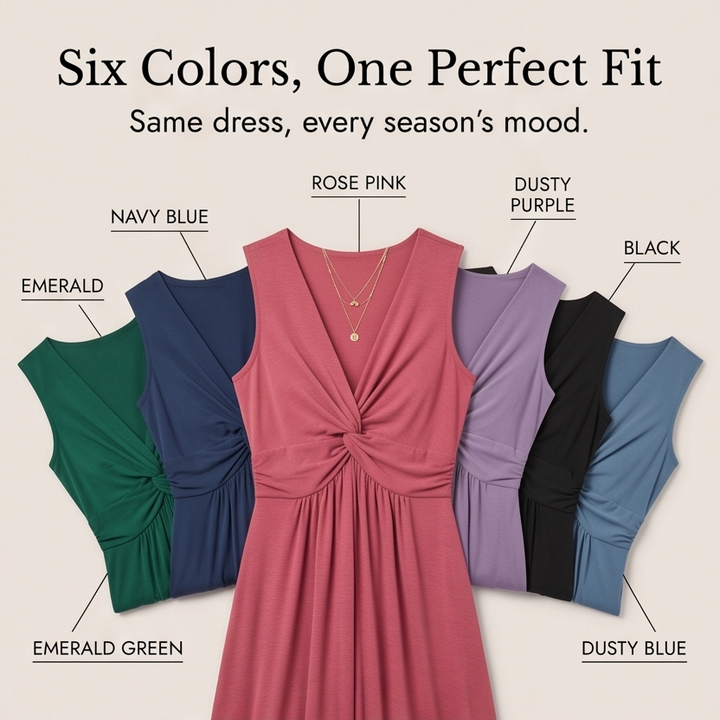 Midi Dress with Twist Front Detail - V-Neck Jersey Dress