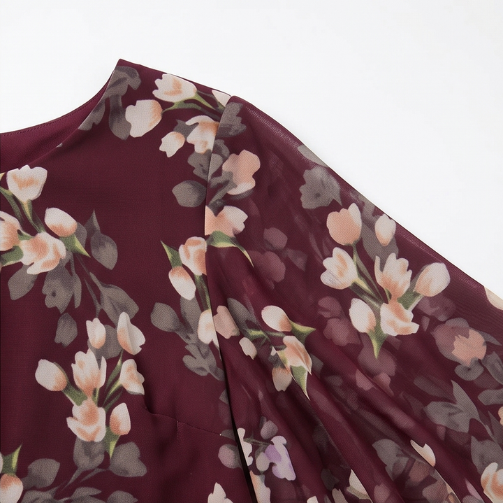 Floral Chiffon Cape Overlay Dress for Wedding Guest
