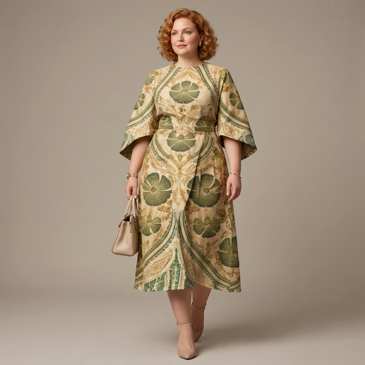 Midi Dress A-Line Vintage Tapestry Print Elegant Fit