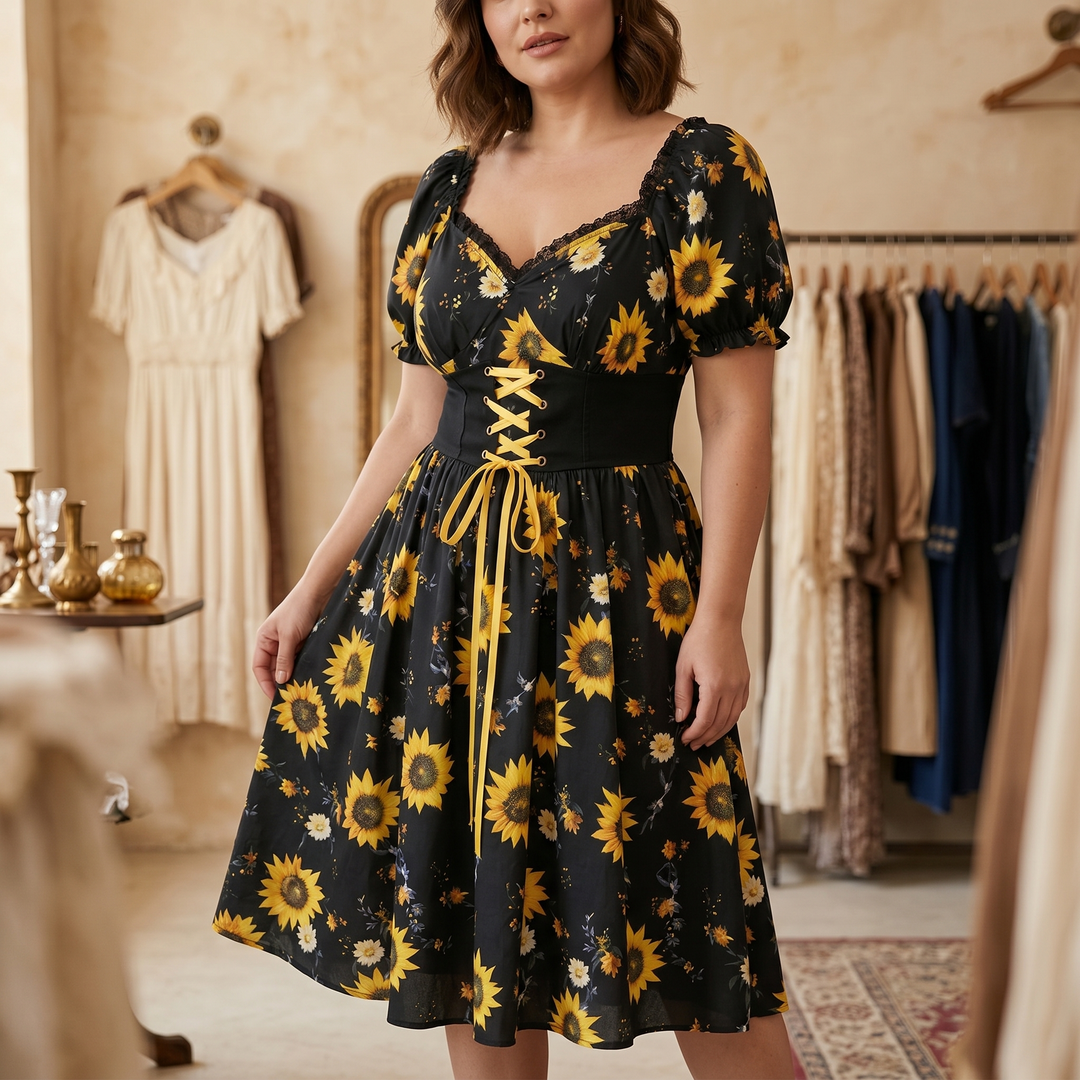Sunflower Midi Dress | Corset Waist Puff Sleeve Wedding Guest