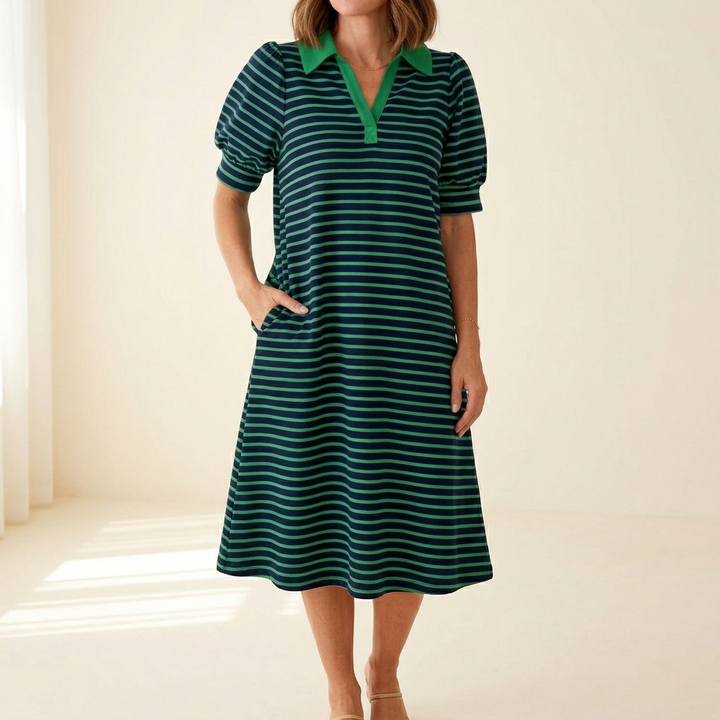 Vestido polo a rayas para mujer - Algodón línea A con cuello en V casual