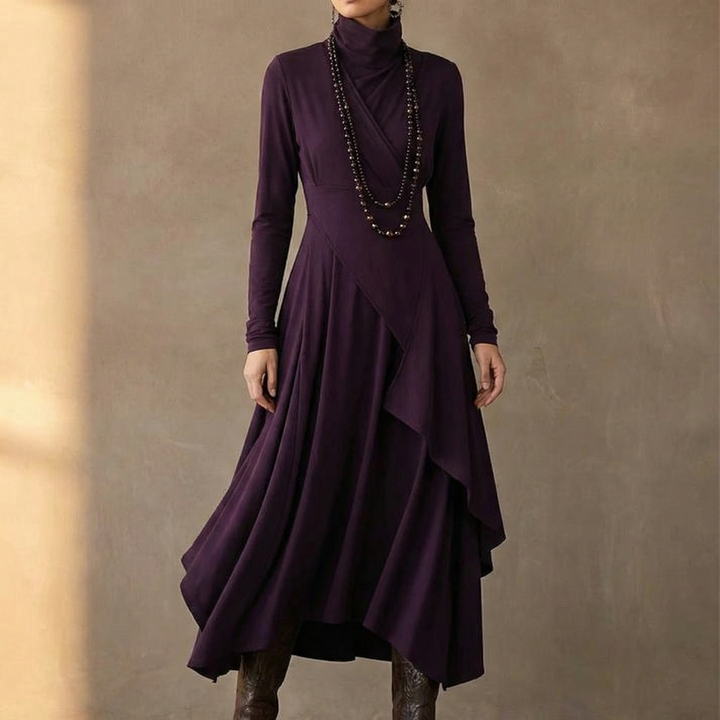 Florenne™ – Asymmetrical Draped High Neck Maxi Dress