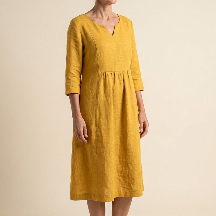 Solenne™ – Relaxed V-Neck Midi Dress with Pockets