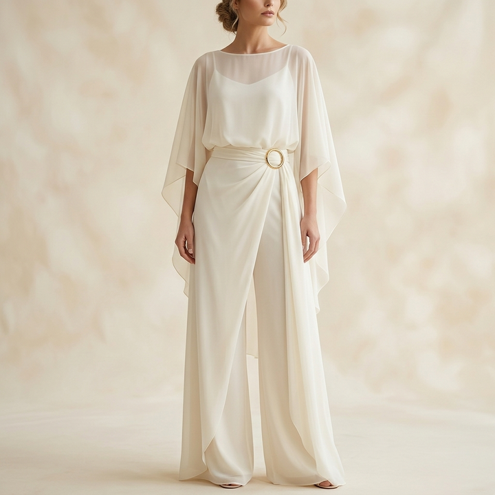 Wide Leg Pants Set with Cape Sleeve Top for Women