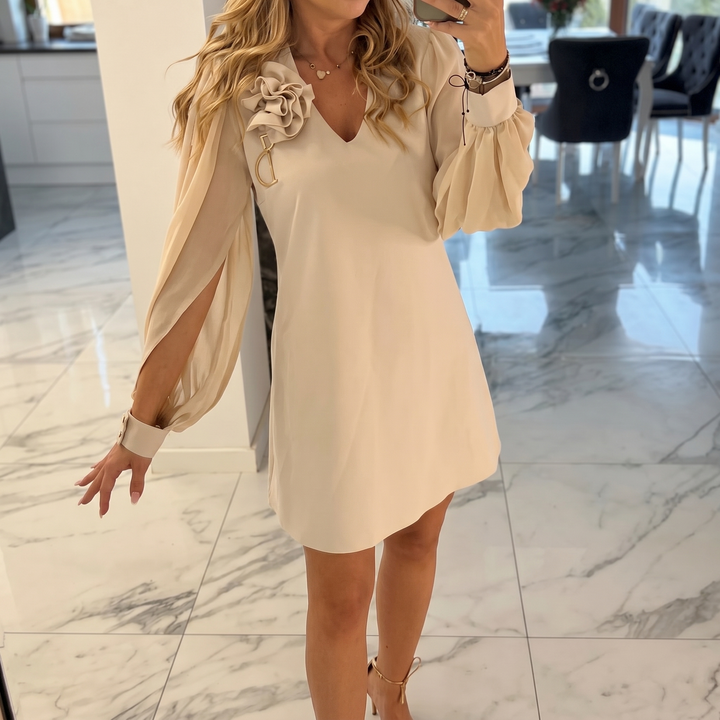 Rosette Shoulder Mini Dress with Balloon Sleeves