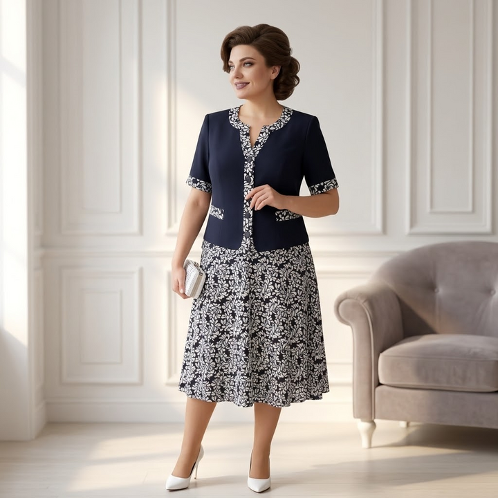 Navy Floral Dress with Built-In Jacket for Special Occasions