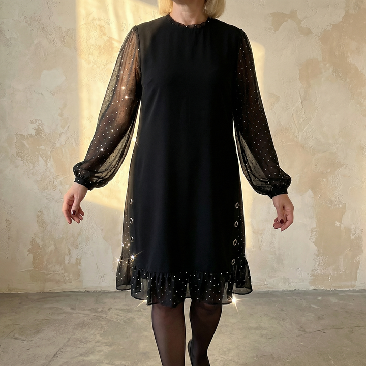 Rhinestone Mesh Sleeve Dress With Ruffle Hem For Women