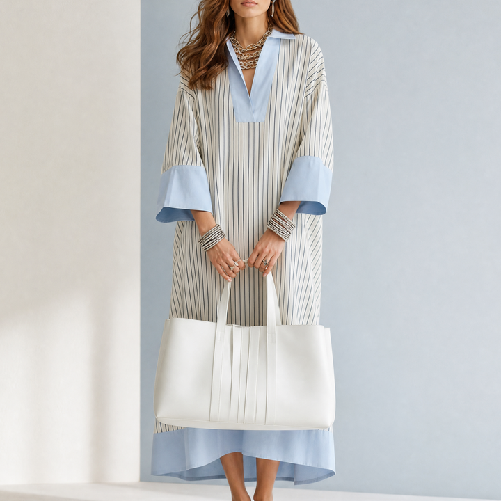 Striped Midi Dress Kaftan with Contrast Cuffs