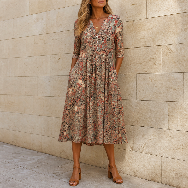 Floral Midi Dress with Pockets - V-Neck A-Line Silhouette
