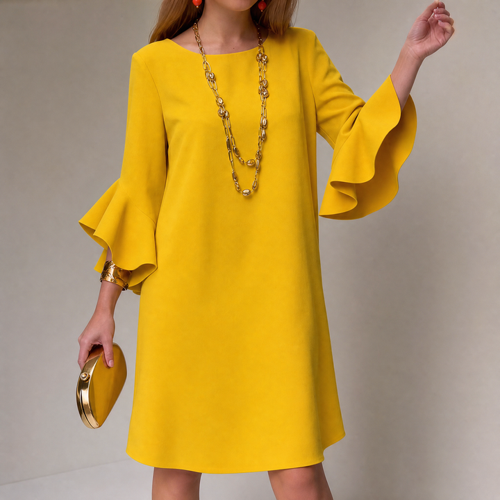 Bell Sleeve Mini Dress - Ruffle Detail Shift Dress for Women