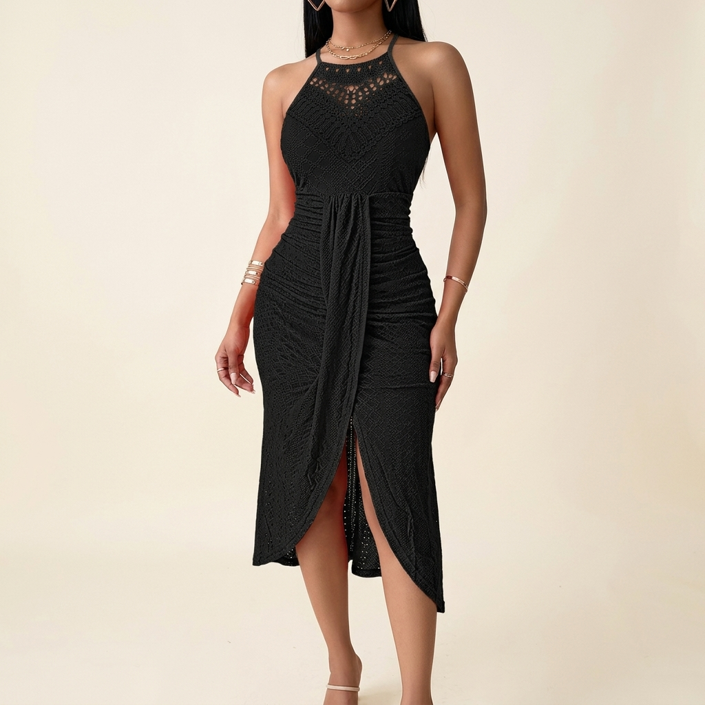Lace Halterneck Maxi Dress for Women - Textured Eyelet Knit