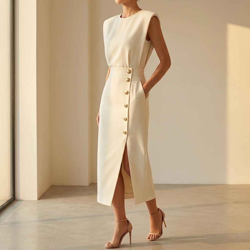 Velora™ Gold-Button Slit Midi Dress for Work and Evening