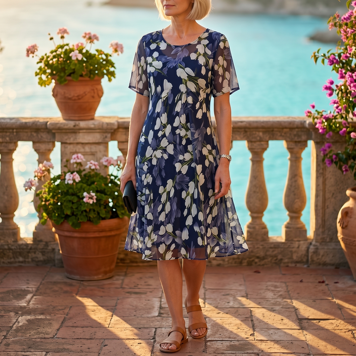 Navy Floral Midi Dress for Women – Chiffon Wedding Guest Dress