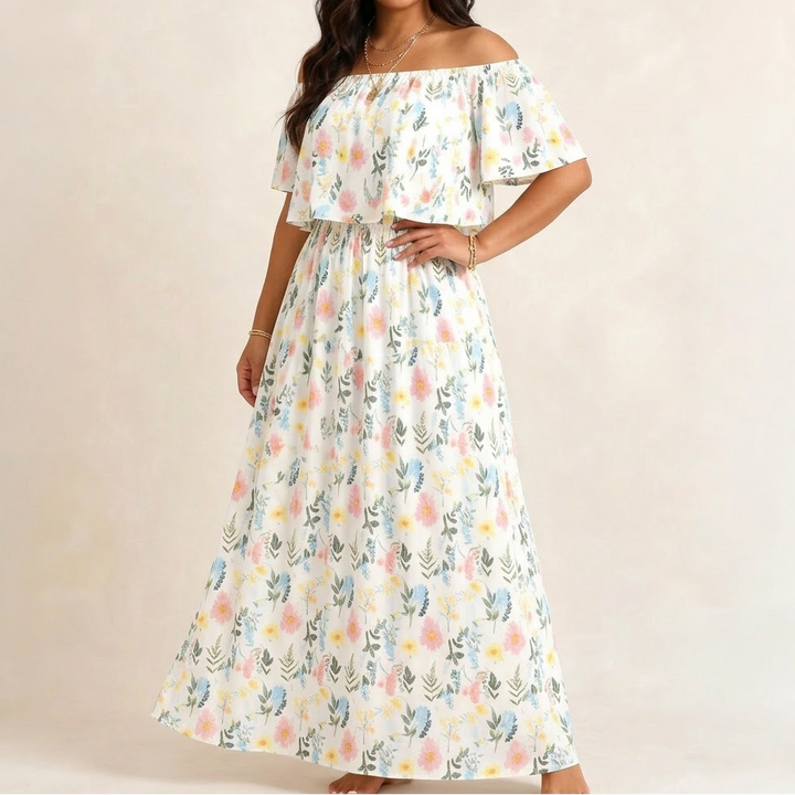 Vestido largo con hombros descubiertos y bolsillos - Estampado floral para mujer