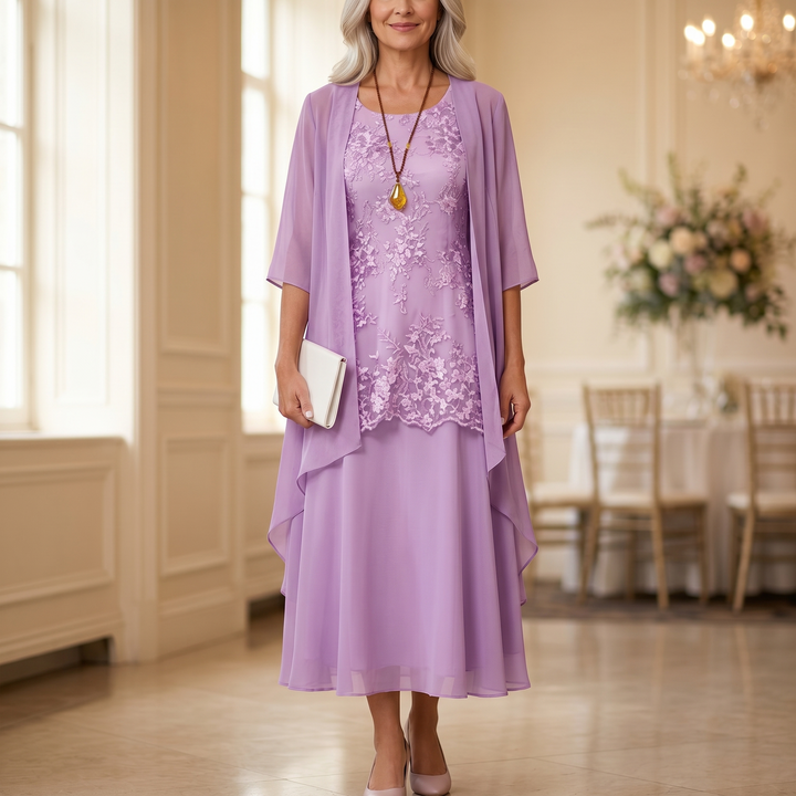 Vestido de Madre de la Novia con Chaqueta - Conjunto de Invitada de Boda en Encaje y Chifón