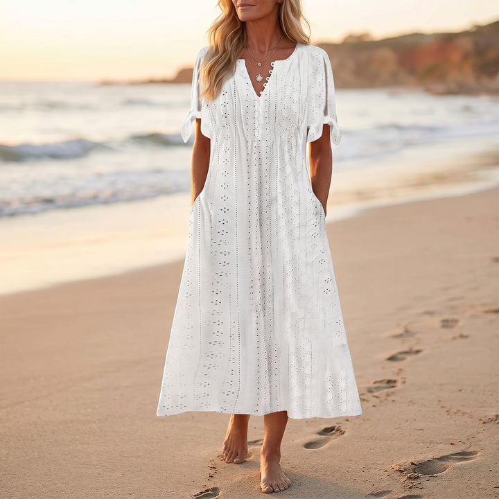 Eyelet Midi Dress With Tie Sleeves - Cold Shoulder Summer Dress