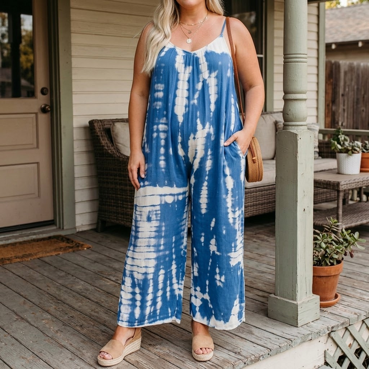 Mono de pierna ancha con bolsillos y estampado tie dye para mujer