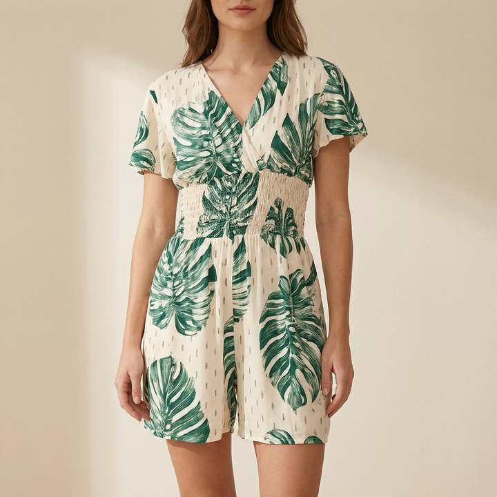 Tropical Wrap Romper with Pockets for Women