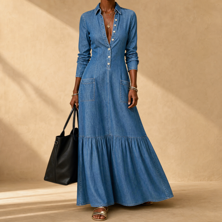 Denim Maxi Dress with Tiered Ruffle Hem and Pockets