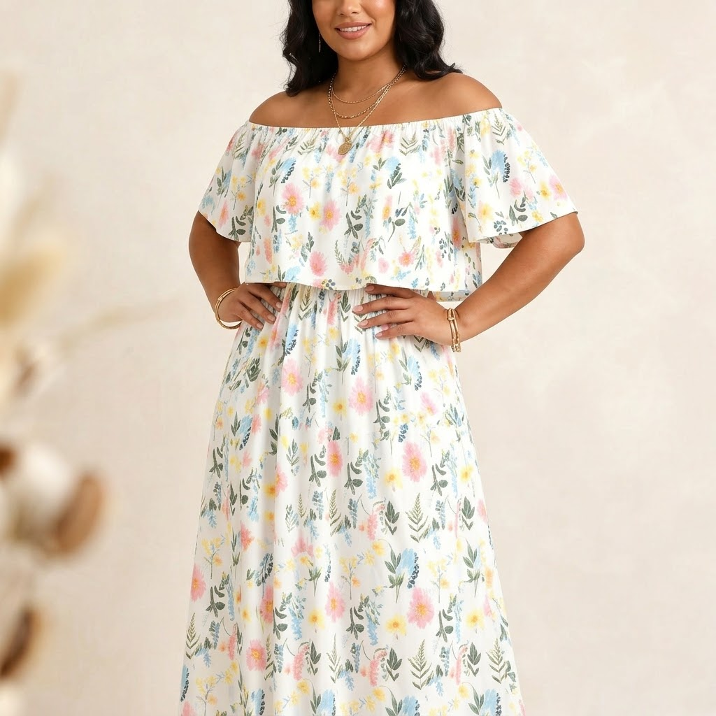 Vestido largo con hombros descubiertos y bolsillos - Estampado floral para mujer