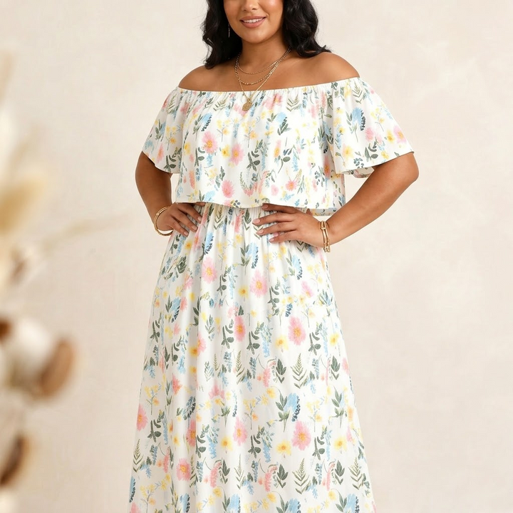 Vestido largo con hombros descubiertos y bolsillos - Estampado floral para mujer