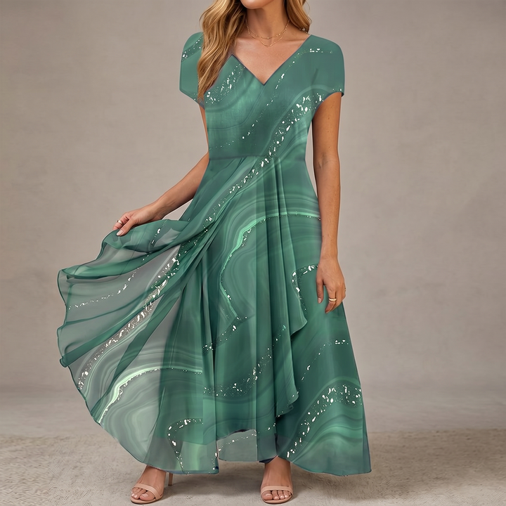 Chiffon Midi Dress - V-Neck Wedding Guest Dress