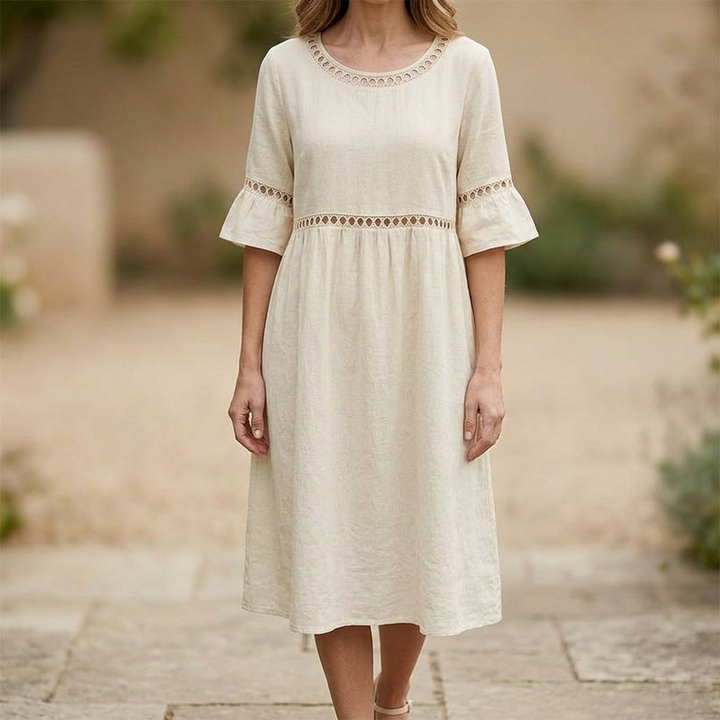 Midi Dress for Women Cotton Linen with Lace Detail