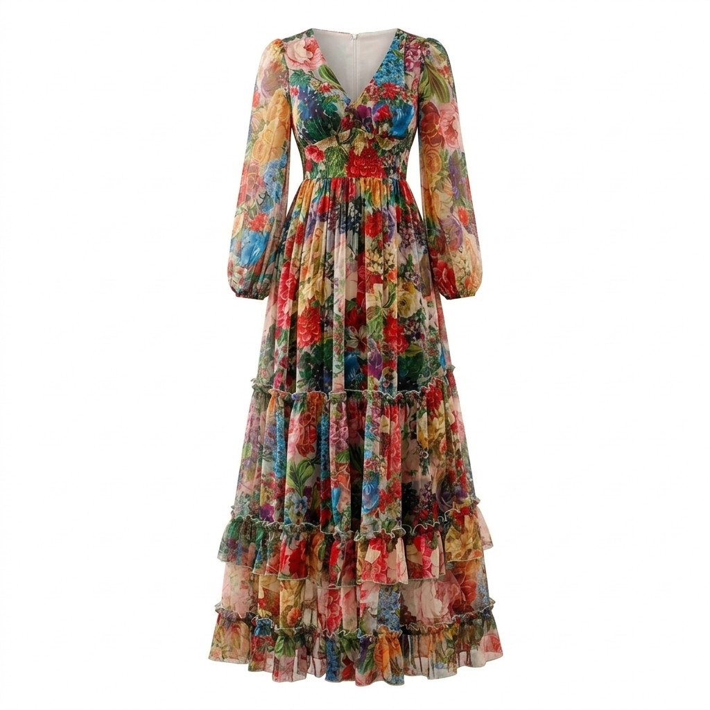 Tiered Floral Maxi Dress with Lantern Sleeves for Women