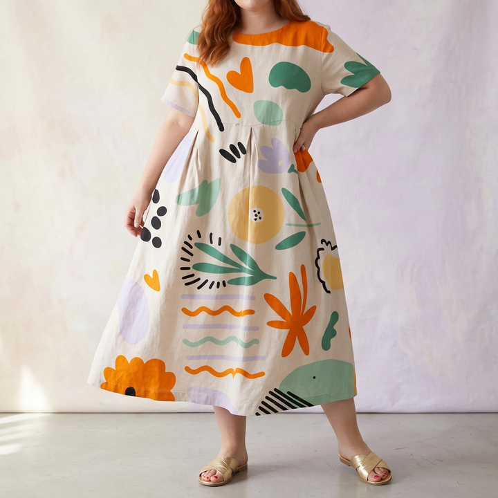 Artsy Print Midi Dress - A-Line Silhouette in Matisse Florals