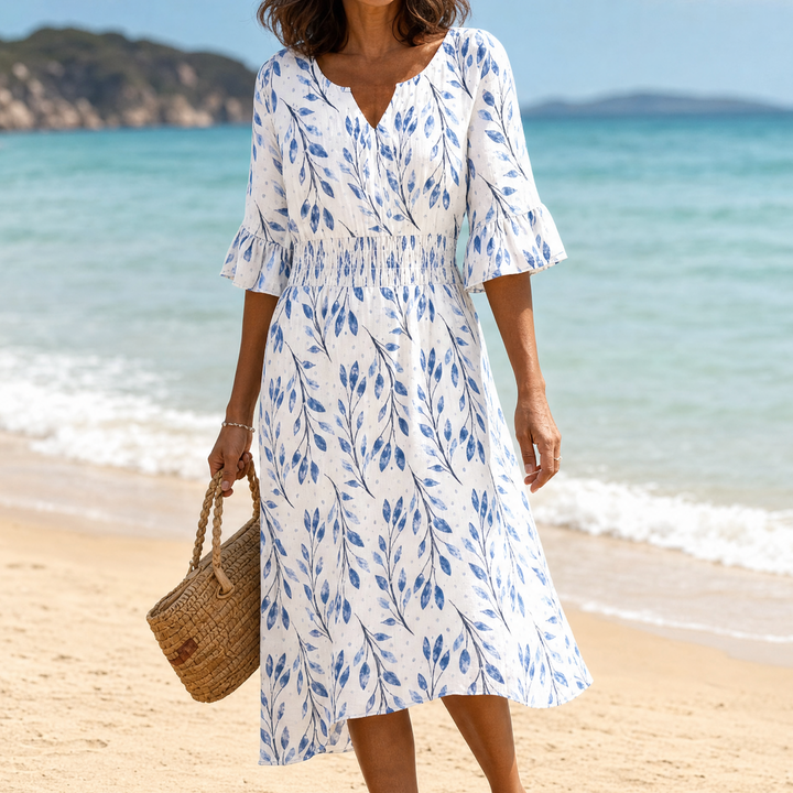 Midi Dress with Flutter Sleeves and Smocked Waist for Women