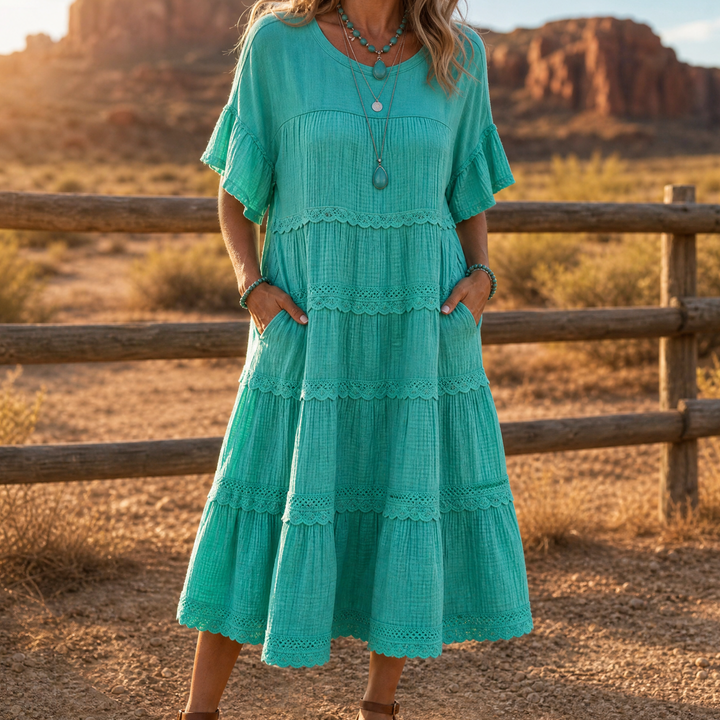 Tiered Lace Midi Dress with Pockets - Flutter Sleeve A-Line