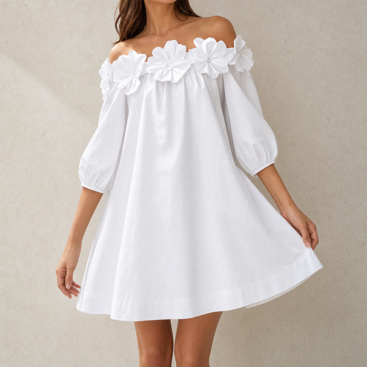 White Off Shoulder Dress with Roses - A-Line Mini Dress