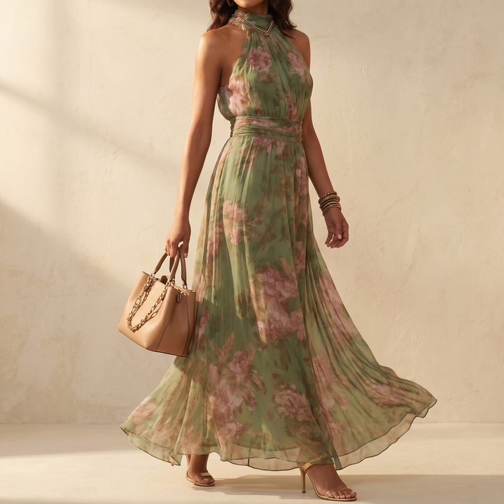 Floral Maxi Dress with Halter Neckline - Sage Green Chiffon