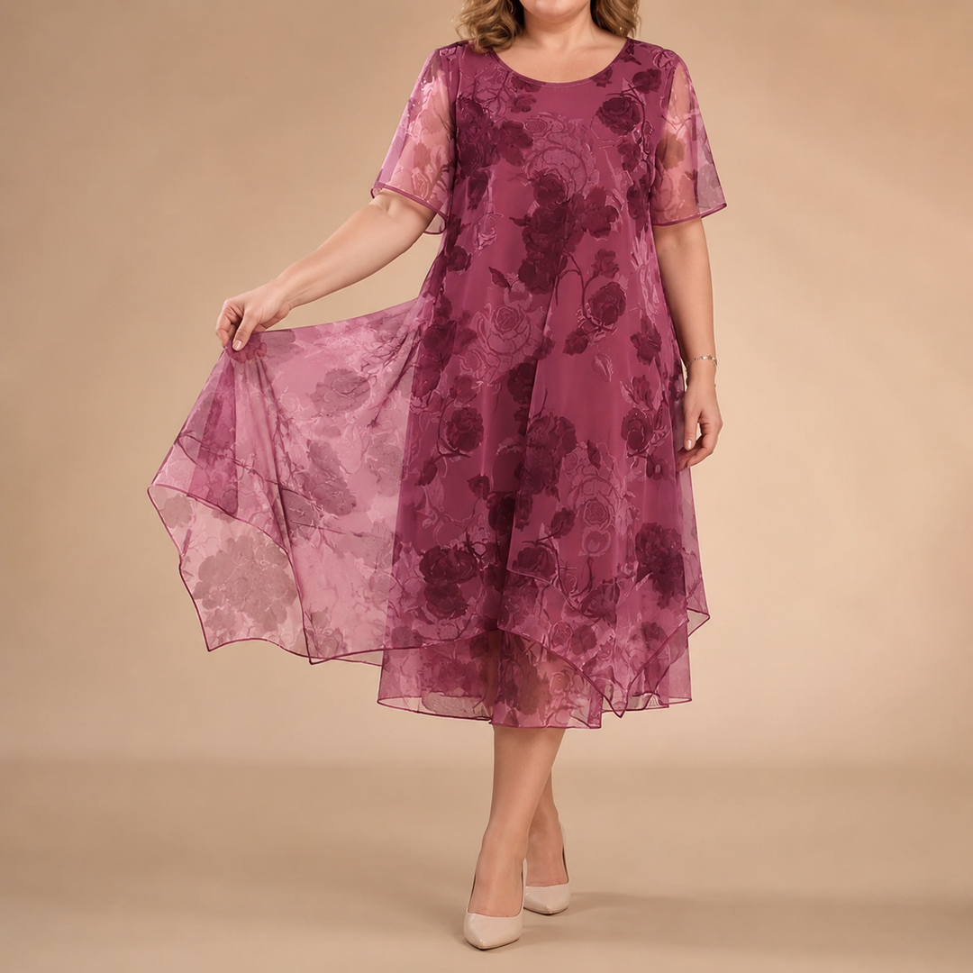 Floral Chiffon Midi Dress - Layered A-Line Dress for Women