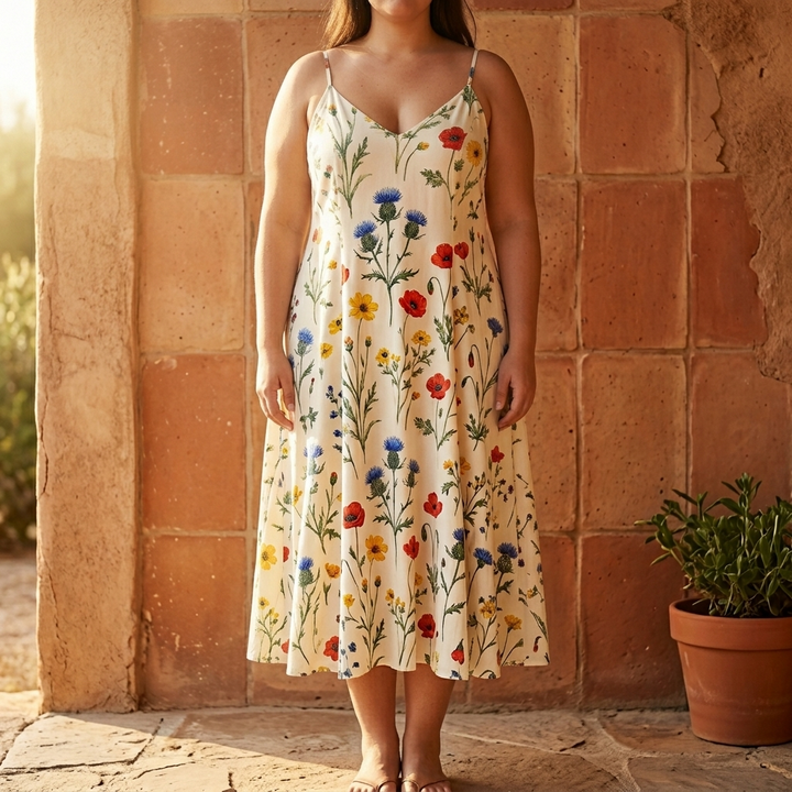 Vestido midi floral - Vestido de verano línea A con estampado de flores silvestres