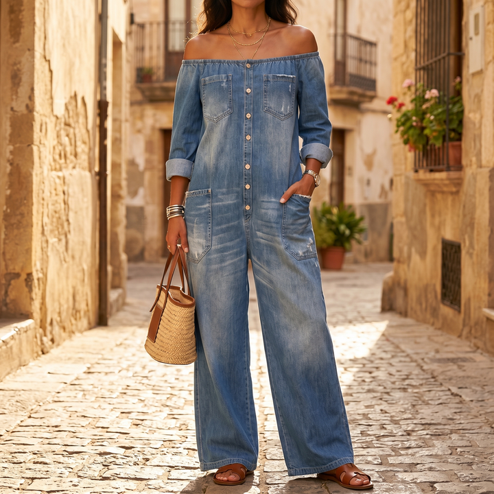 Off Shoulder Denim Jumpsuit Wide Leg One Piece for Women