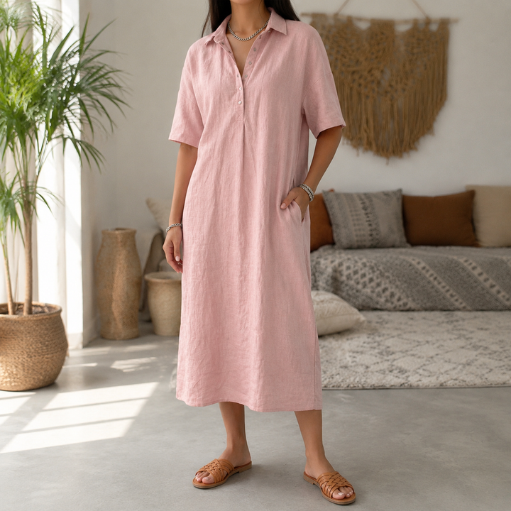 Linen Midi Dress with Collar - Relaxed Summer Dress for Women