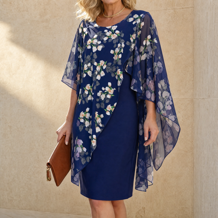 Floral Chiffon Cape Overlay Dress for Wedding Guest