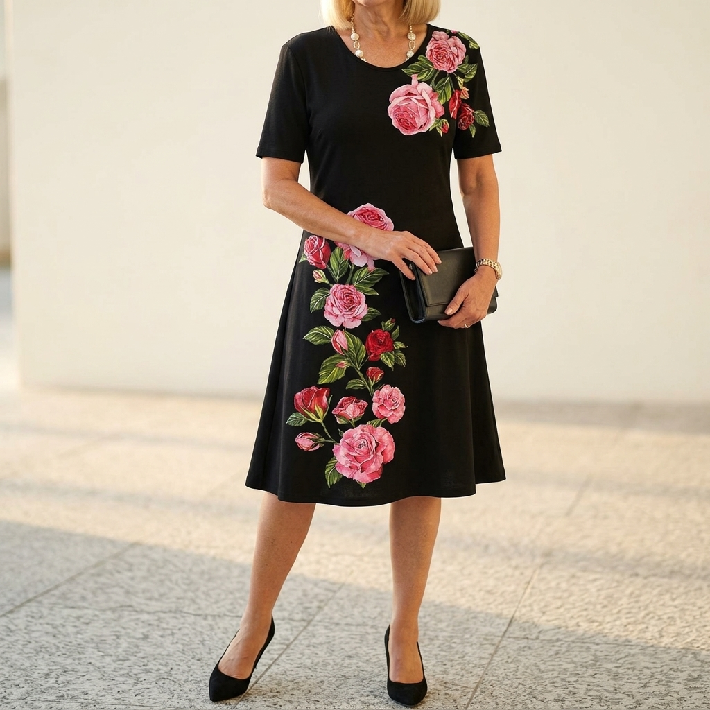 Rose Print A-Line Dress with Short Sleeves