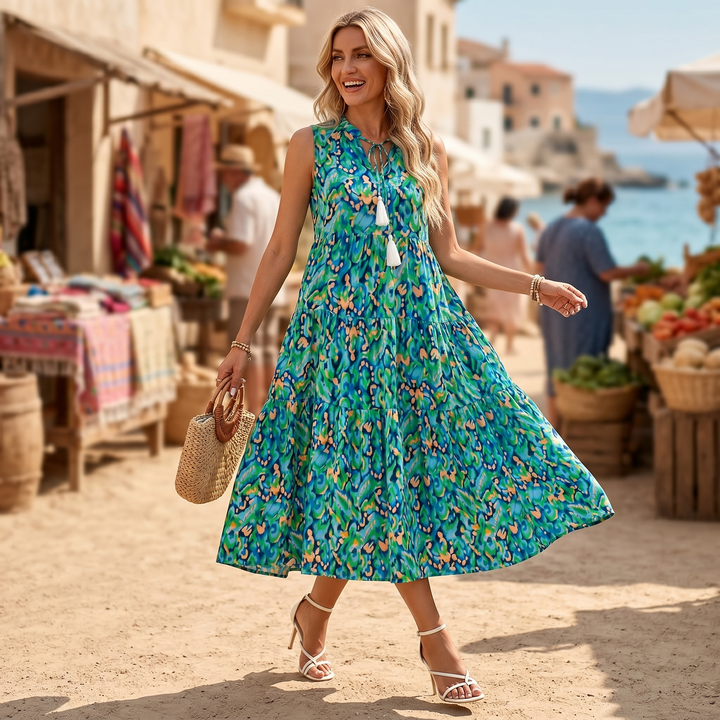 Vestido midi de capas - Vestido de verano sin mangas de algodón para mujer