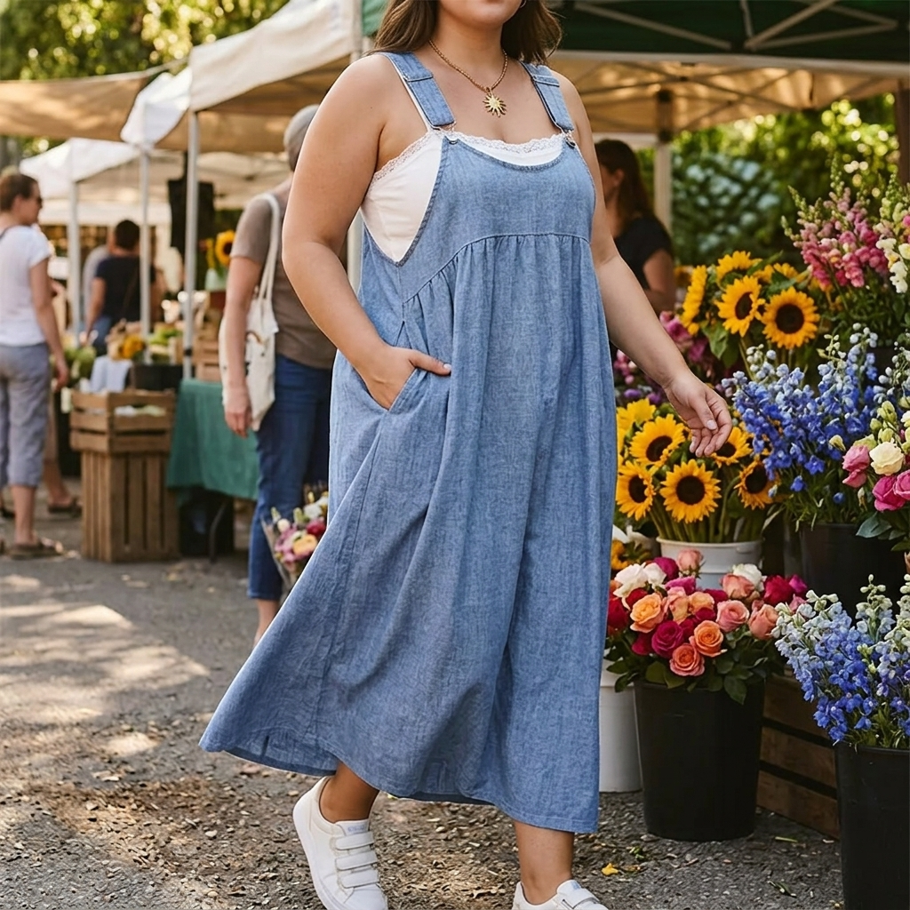 Denim Suspender Dress with Pockets - Relaxed Fit Layering Dress