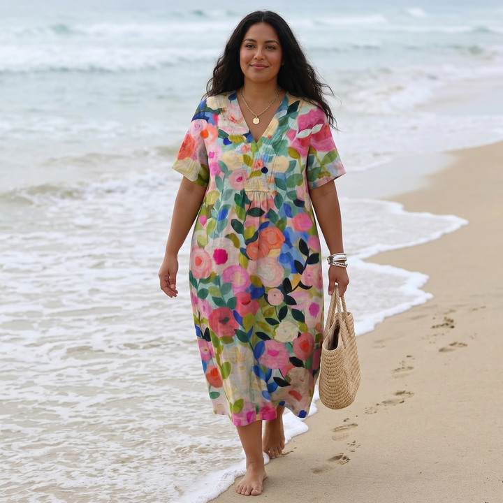 Vestido midi floral para mujer con escote en V, corte relajado, estilo verano
