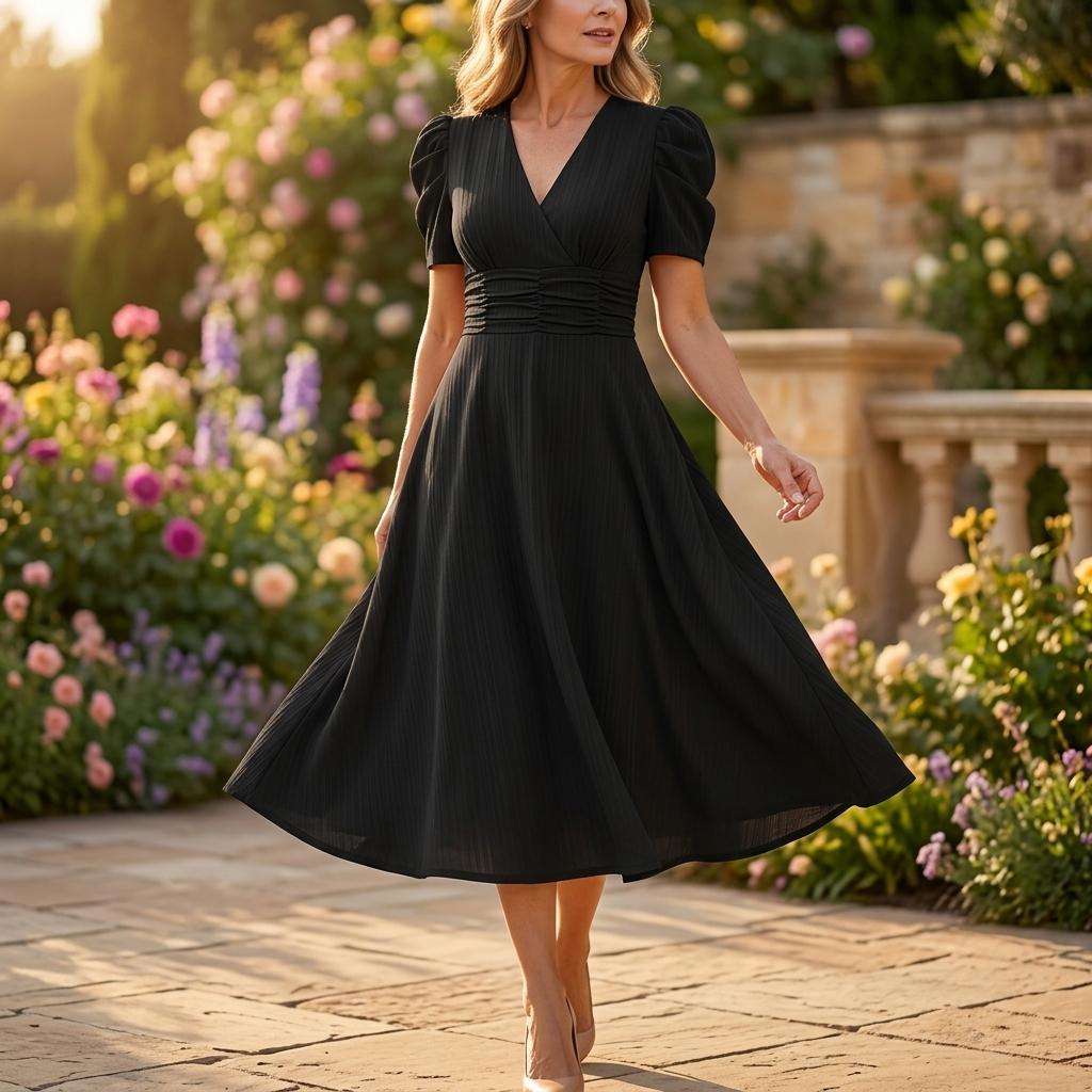 Puff Sleeve Midi Dress with Ruched Waist for Women