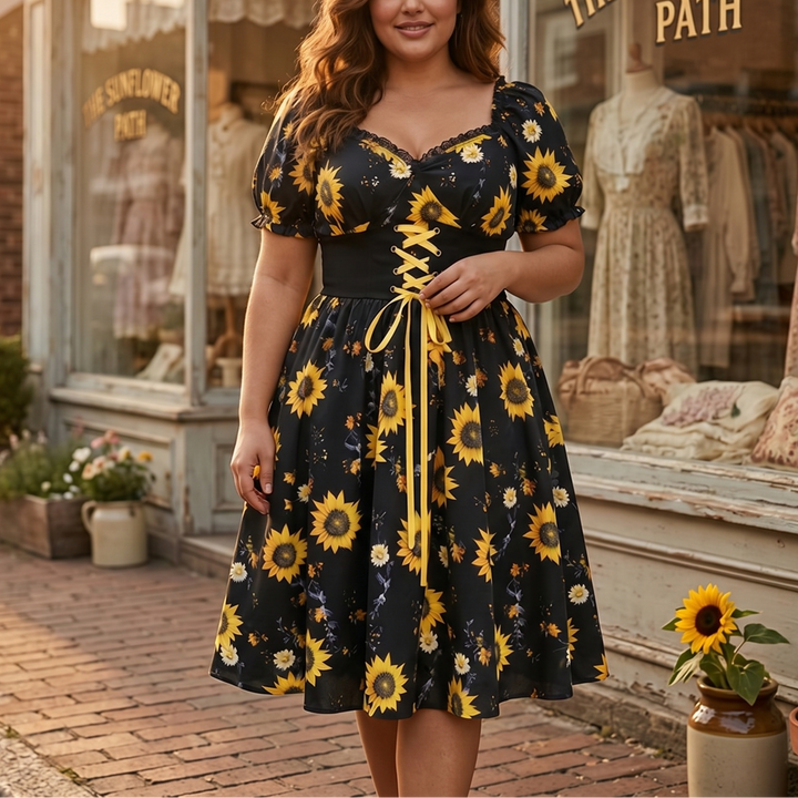 Sunflower Midi Dress | Corset Waist Puff Sleeve Wedding Guest