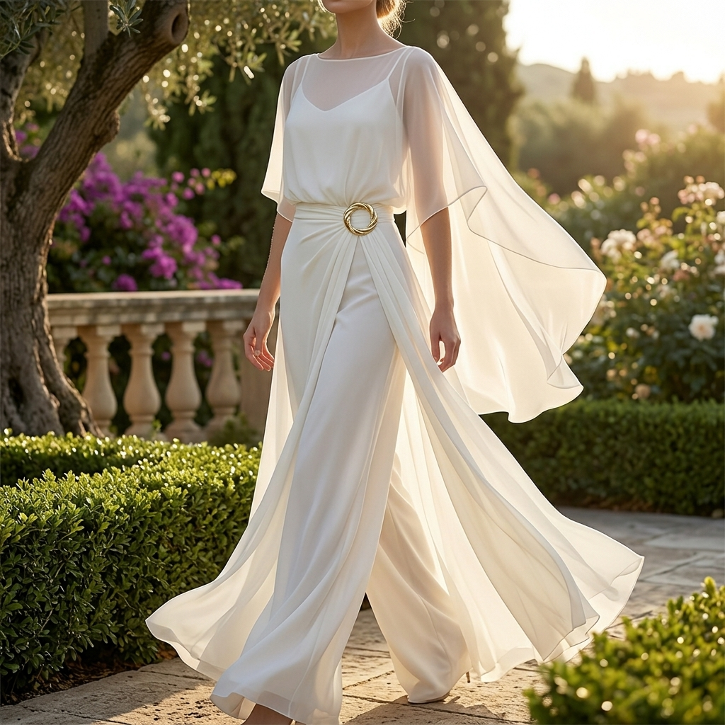 Wide Leg Pants Set with Cape Sleeve Top for Women